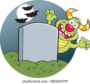 Cartoon illustration of a blank gravestone with a monster behind it.