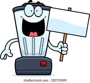 A cartoon illustration of a blender holding a sign.