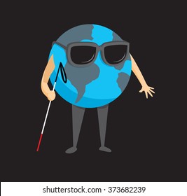 Cartoon illustration of blind planet earth holding a cane