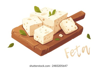 Cartoon illustration of a block of feta cheese with a green leaf on top on a white background. Vector icon of a block of feta cheese, a popular brined cheese from Greece. Commonly used in salads