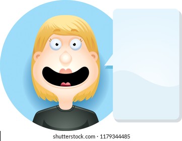 A cartoon illustration of a blond woman smiling  looking happy.