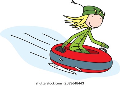 A cartoon illustration of a blonde girl with a green beanie and winter jacket gleefully tubing down a snowy hill