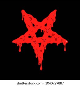 Cartoon Illustration Of The Bloody Pentagram Symbol On Black Background. Occult Design Vector Illustration.