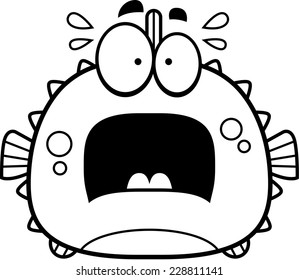 A cartoon illustration of a blowfish looking scared.