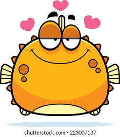 A cartoon illustration of a blowfish in love.