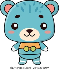 Cartoon illustration of a blue bear with pink blush, wearing a yellow bowtie and orange shirt. Cute animal character with big eyes and a sweet smile.