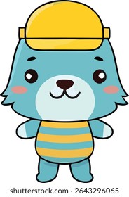 A cartoon illustration of a blue bear wearing a yellow hard hat and a blue and yellow striped shirt, standing upright.