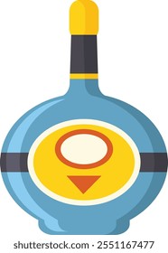 Cartoon illustration of a blue bottle of liquor with a yellow label featuring a circle and a downward pointing triangle, topped with a yellow cap and black neck