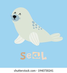 Cartoon illustration with blue cute navy seal for decorative design. Blue background.Funny animal character. Vector drawing.