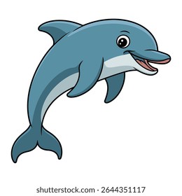 Um desenho animado ilustração de um golfinho azul saltando com uma expressão alegre contra um fundo branco O golfinho é predominantemente azul com tons de azul e acentos cinza. 