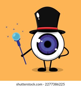 A cartoon illustration of a blue eye with a hat and a wand.