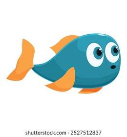 Cartoon illustration of a blue fish swimming with big eyes and orange fins