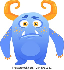 Cartoon illustration of a blue monster looking sad, with orange horns and spots, suitable for children s book illustrations, games, or any other project that needs a cute but sad monster