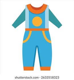 Cartoon illustration of a blue and orange baby jumpsuit with long sleeves, isolated on white. Cute baby clothing for design elements.