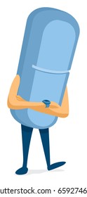 Cartoon illustration of blue pill checking time on watch