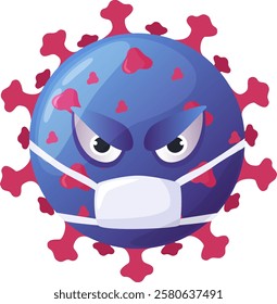 Cartoon illustration of a blue and purple coronavirus wearing a protective mask, expressing anger and seriousness, highlighting the importance of protection during a pandemic