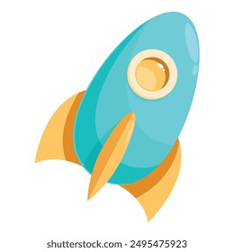 Cartoon illustration of a blue rocket ship flying upwards with flames coming out of the bottom