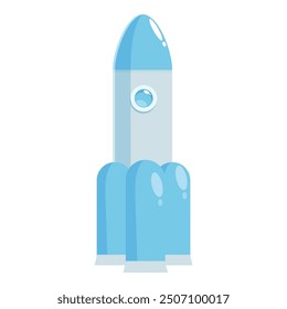 Cartoon illustration of a blue rocket ship standing on a launch pad ready for take off