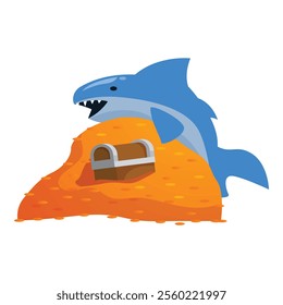 Cartoon illustration of a blue shark guarding a treasure chest on a pile of gold coins