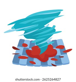Cartoon illustration of a blue tornado tearing off roof tiles