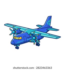 A cartoon illustration of a blue twin engine propeller airplane with yellow windows.