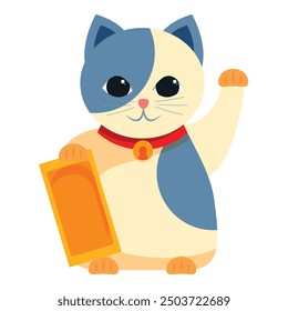 Cartoon illustration of a blue and white lucky cat holding a golden koban coin and waving its paw