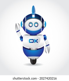 cartoon illustration blue white robot waving hand and ok sign in chest