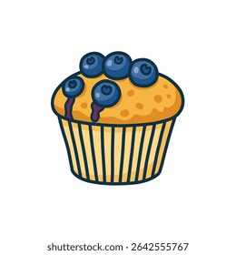 Cartoon illustration of a blueberry muffin with a dark blue outline and drizzled glaze on a white background.