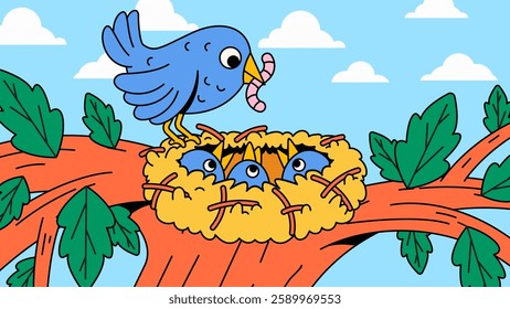 Cartoon illustration of a bluebird feeding its chicks in a nest on a tree branch vector hand drawn cute illustration