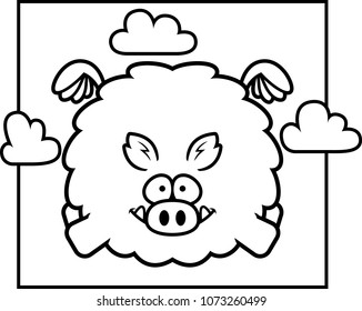 A cartoon illustration of a boar flying in the sky.