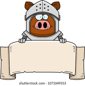 A cartoon illustration of a boar knight with a banner.