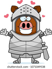 A cartoon illustration of a boar knight ready to give a hug.