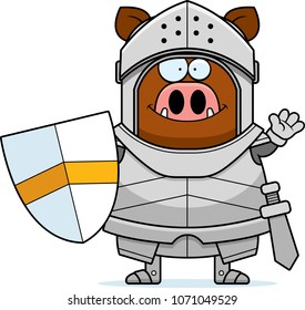 A cartoon illustration of a boar knight waving.