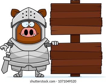 A cartoon illustration of a boar knight with a wooden sign.