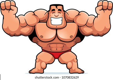 A cartoon illustration of a bodybuilder celebrating.