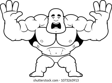 A cartoon illustration of a bodybuilder looking scared.