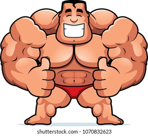 A cartoon illustration of a bodybuilder with thumbs up.