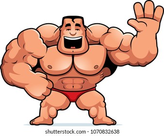 A cartoon illustration of a bodybuilder waving.