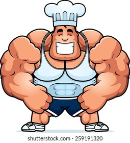 A cartoon illustration of a bodybuilding chef flexing.