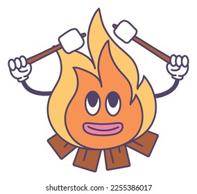 cartoon illustration bonfire  cute travel sticker	