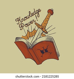 cartoon illustration of book emerging a sword with retro style