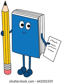 Cartoon illustration of a book holding pencil and paper