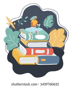 Cartoon illustration of book reading by woman sitting on stack on dark background.