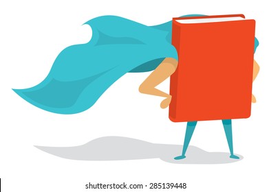 Cartoon Illustration Of A Book Super Hero With Cape