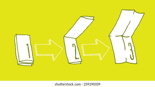 Cartoon illustration of booklet or leaflet unfolding in three steps
