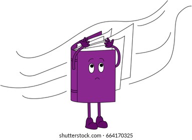 Cartoon illustration of a books holding its pages to protect them from wind