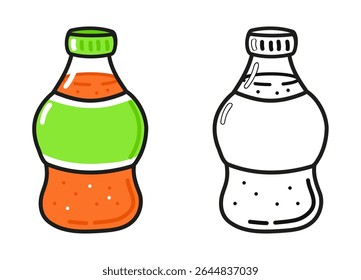 A cartoon illustration of a bottle of soda with a green label and cap, paired with a black and white outline.