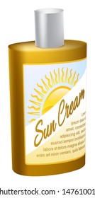 A cartoon illustration of a bottle of sun cream with a sun logo on the label 