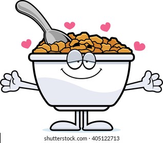 A cartoon illustration of a bowl of cereal ready to give a hug.
