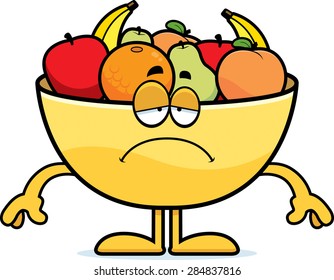 A cartoon illustration of a bowl of fruit looking sad.